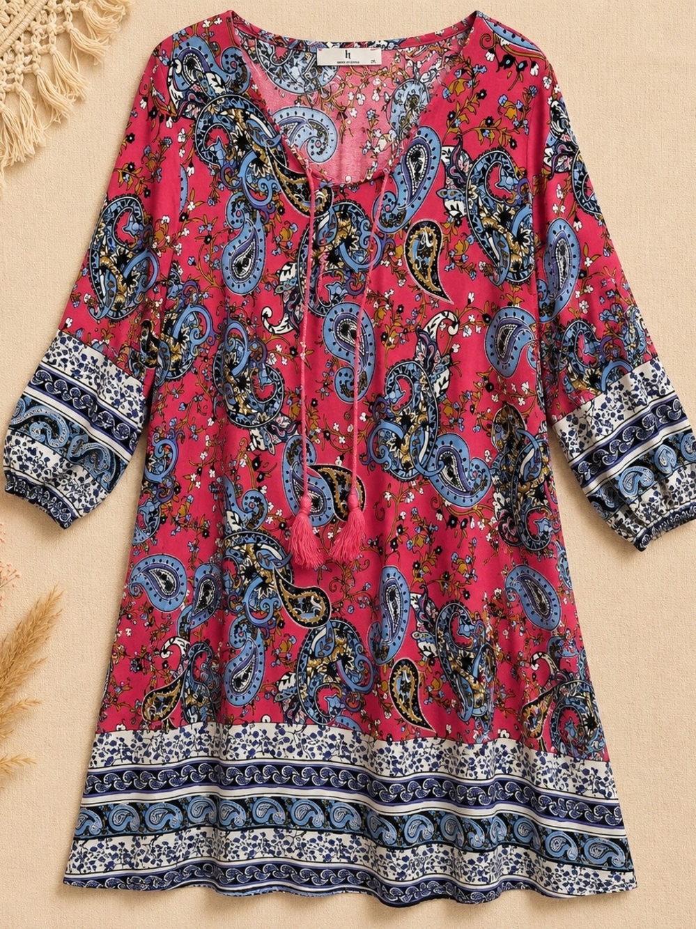 HT 2XL Boho Western Paisley Tunic Dress Red Navy Rayon Tassel Tie
